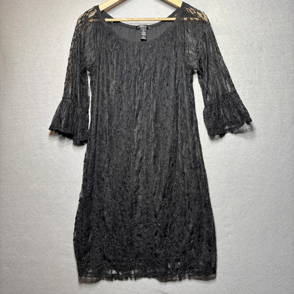 Style Co Black Lace‎ Dress S Witchy Gothic Romantic Dark Boho Bell Sleeve Lined